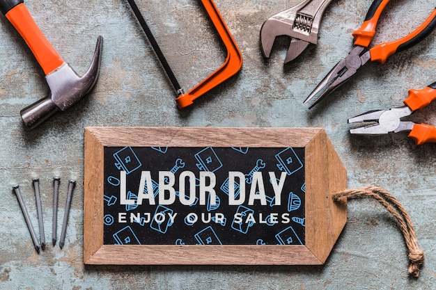 Download Labor day mockup with wooden board and tools PSD file | Free Download