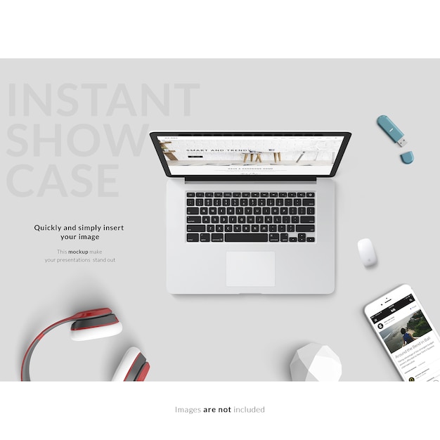 灰色の背景にノートパソコンとスマートフォンがモックアップ 無料のpsdファイル