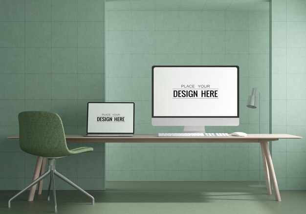 Free PSD | Laptop on desk in work space psd mockup