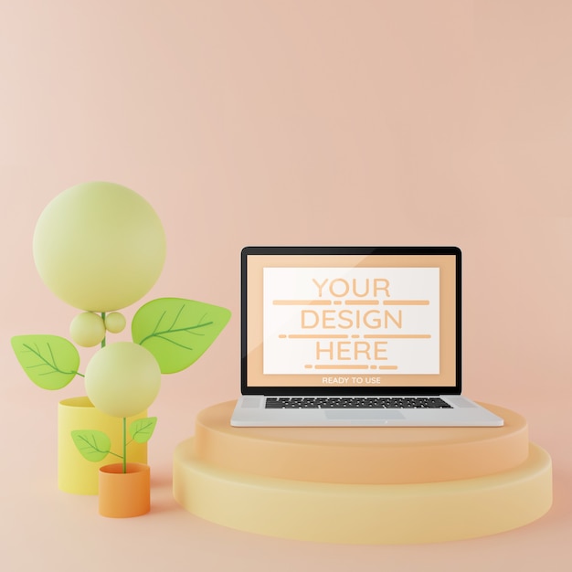 Laptop mockup on podium 3d illustration pastel color ...