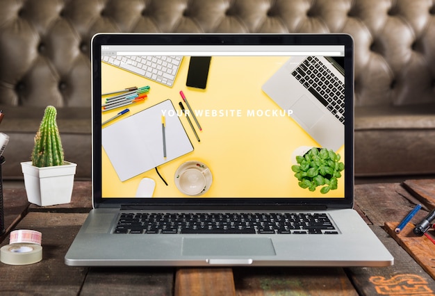 Download Laptop Mockup On Wooden Table Psd Template New Free Mockups Psd File PSD Mockup Templates