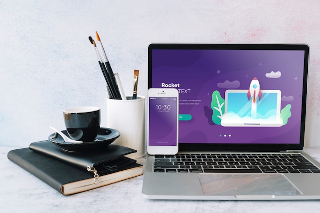 Download Laptop mockup on workspace table | Free PSD File
