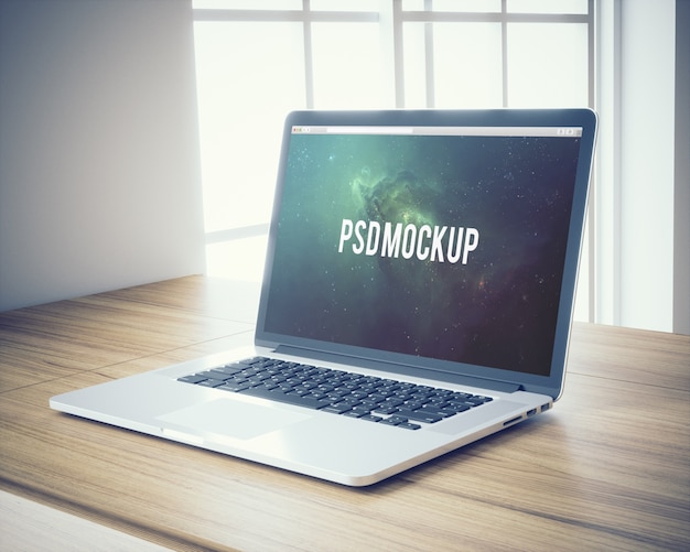 Laptop on wooden desk background mock up PSD file | Free Download