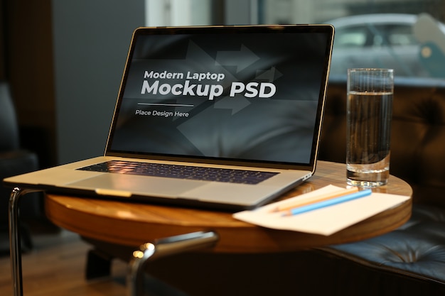 Download Laptop with coffee on round table mockup psd | Premium PSD ...