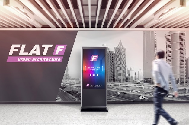 Download Lcd digital signage in exhibition hall mockup PSD file | Premium Download