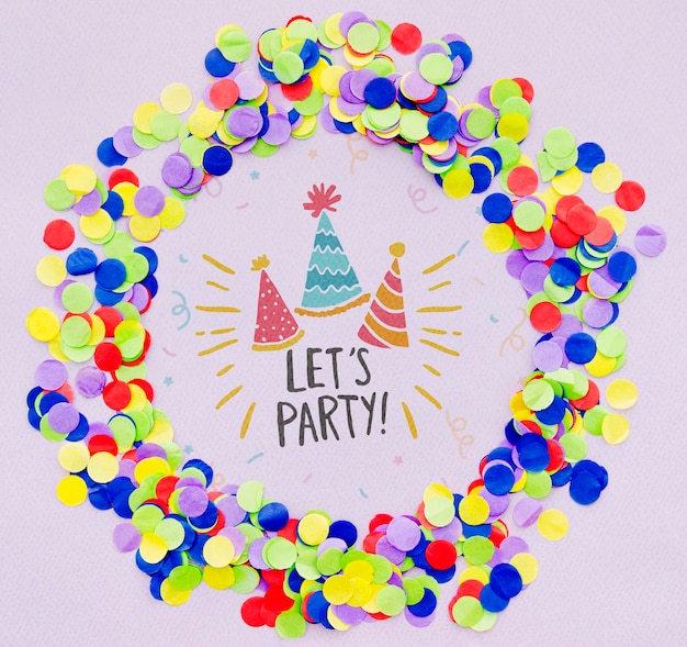 Download Let's party with party hats and colourful confetti PSD file | Free Download