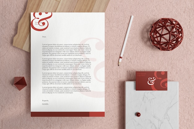 Download Premium Psd Letterhead A4 Document With Business Card And Stationery Mockup In Soft Pink Carpet PSD Mockup Templates