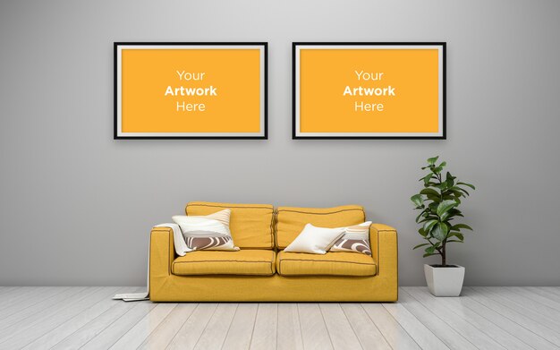 Download Living room interior yellow sofa empty photo frame mockup ...