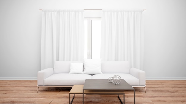 Free Psd Living Room With Minimalist Sofa And Large Window With White Curtains
