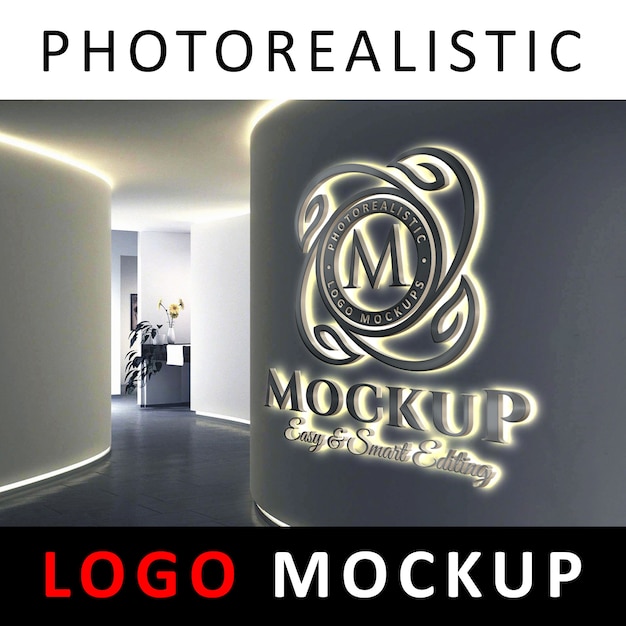 Download Premium Psd Logo Mockup 3d Backlit Led Logo Signage On A Company Wall PSD Mockup Templates