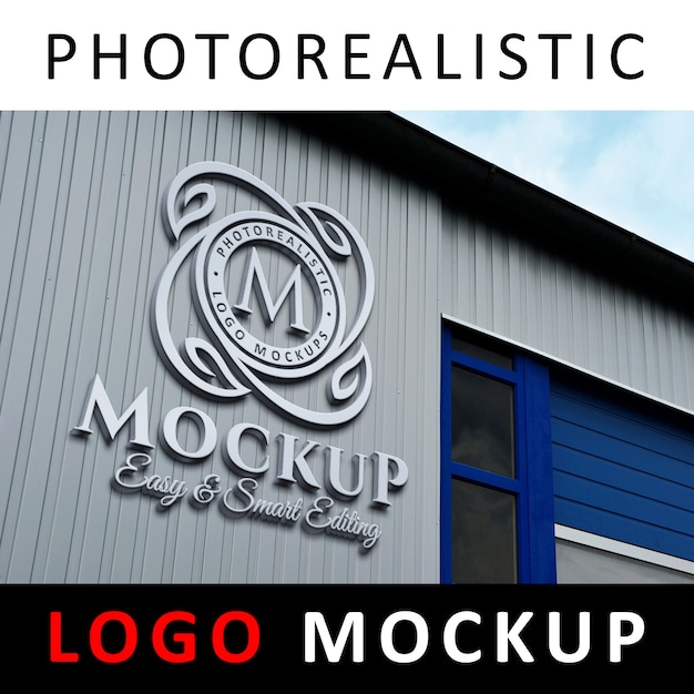 Logo mockup - 3d metallic aluminum logo signage on factory facade wall PSD Template