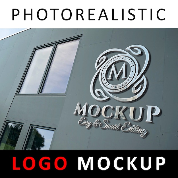 Download Logo Mockup 3d Metallic Chrome Logo Signage On Company Facade Wall 2 Psd Template Mockup Template Paper PSD Mockup Templates