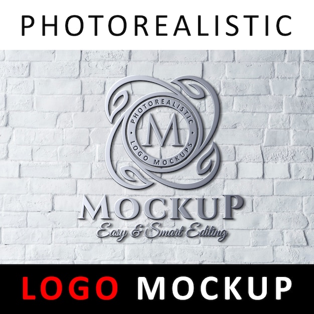 Download Logo Mockup 3d Metallic Chrome Logo Signage On White Brick Wall Psd Template New Free T Shirt Apparels Psd Mockups Templates PSD Mockup Templates
