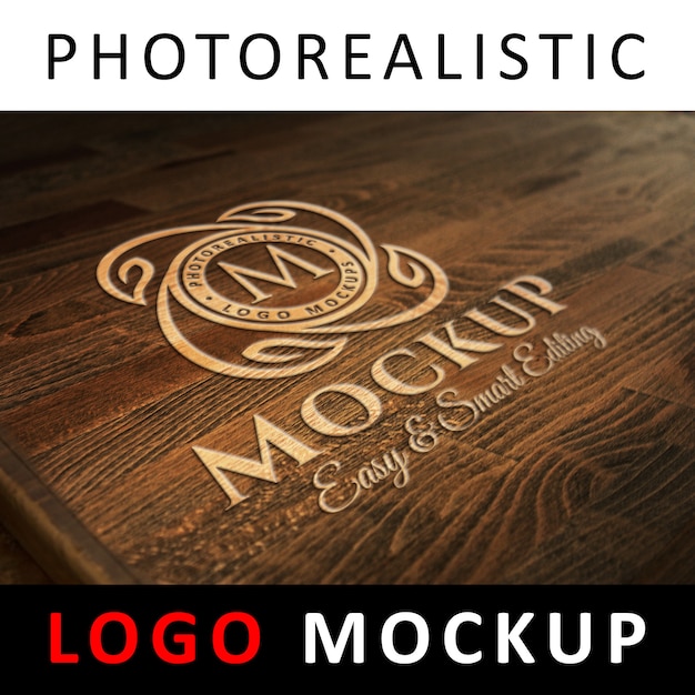 Logo mockup - engraved logo on old wooden surface PSD Template