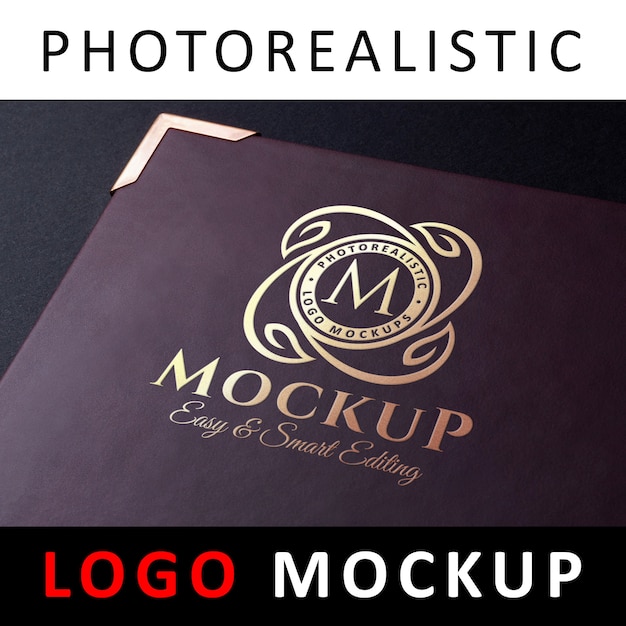 Logo mockup - golden logo printed on purple leather menu card Premium Psd