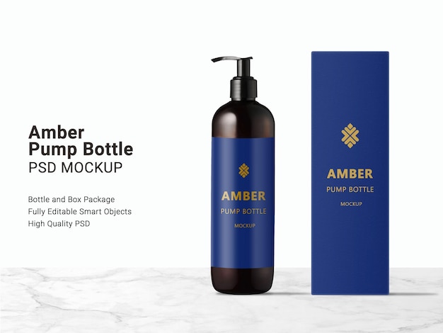 Download Premium Psd Long Amber Pump Bottle And Packaging Box Mockup