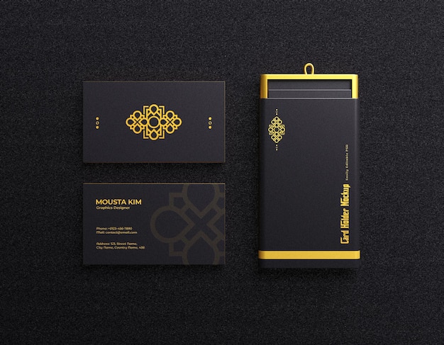  Luxury and elegant business card with card holder in dark color mockup
