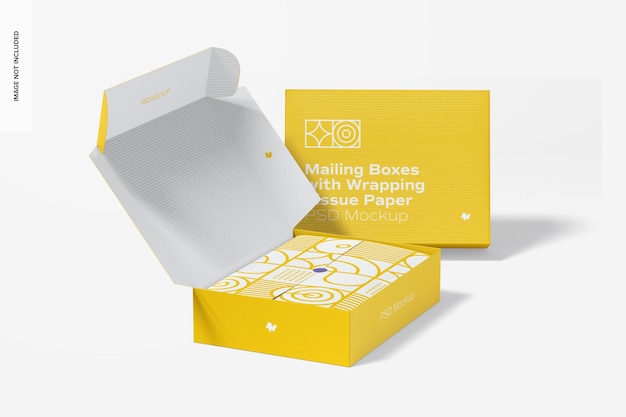 Download Premium Psd Mailing Boxes With Wrapping Tissue Paper Mockup Perspective View