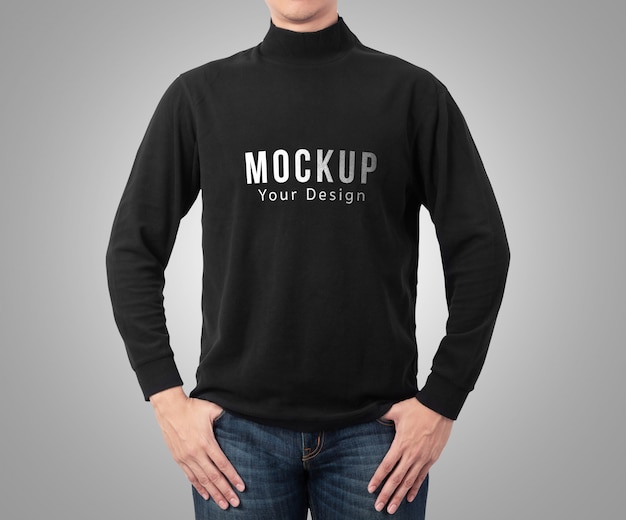 Premium Psd Male Model Wear Plain Black Long Sleeve T Shirt Mockup