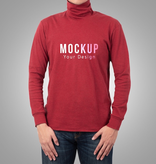 Download Male model wear plain red long sleeve t-shirt mockup template PSD file | Premium Download