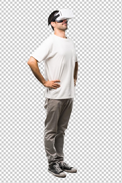 Man Using Vr Glasses Stand And Looking Up Psd File