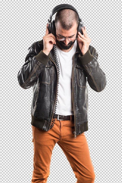 Download Man wearing a leather jacket listening music | Premium PSD ...