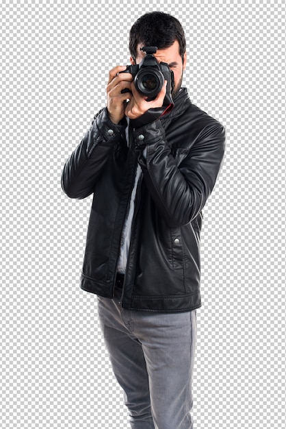 Download Man with leather jacket photographing | Premium PSD File