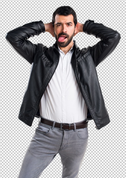 Download Premium Psd Man With Leather Jacket Taking Out His Tongue