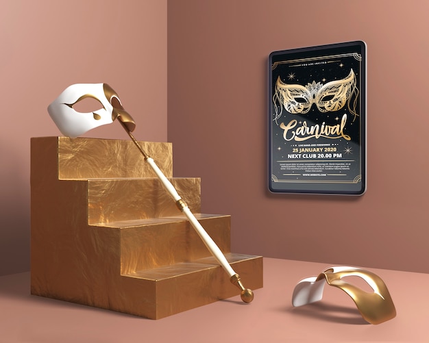 Download Mask with stick on golden stairs mock-up PSD file | Free Download