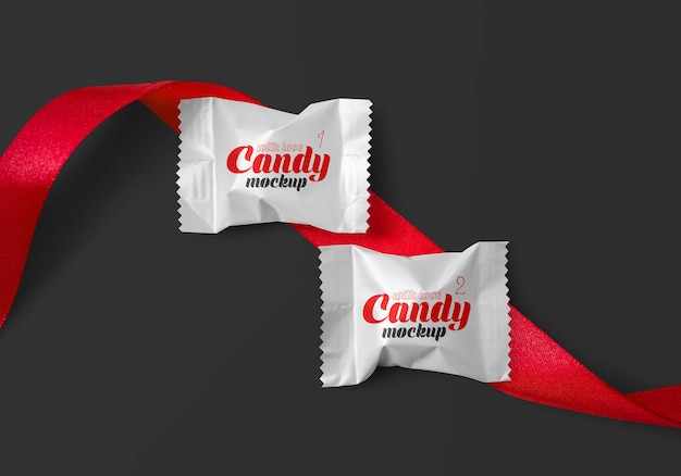 Premium PSD | Matte candy with red ribbon mockup