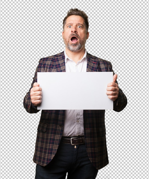 Premium PSD | Mature man holding a banner