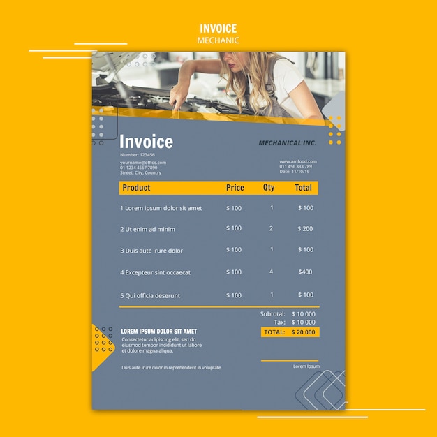 Mechanic assistance invoice template Free PSD File