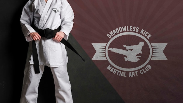 Download Free PSD | Medium shot woman holding her karate belt mock-up