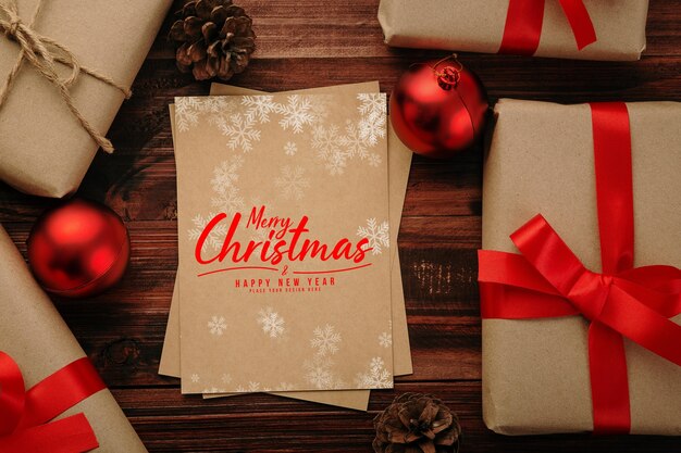 Premium PSD | Merry christmas greeting card mockup with christmas gifts ...