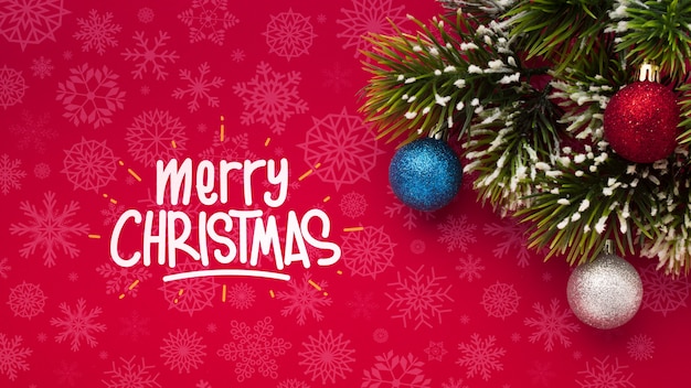 Download Free Psd Merry Christmas And Pine Leaves On Christmas Red Background Yellowimages Mockups