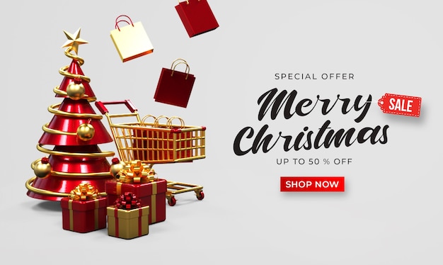 Download Premium PSD | Merry christmas sale banner mockup with trolley, shopping bags, gift boxes, and ...