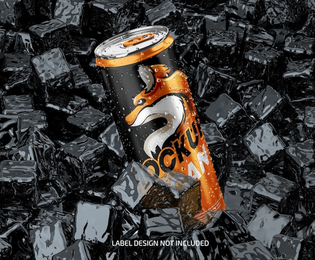 Metallic can mockup with drops and black ice Premium Psd