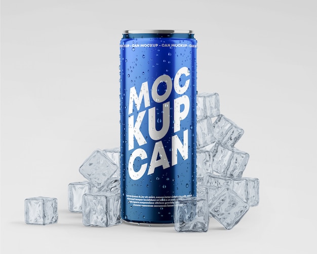 Metallic can mockup with drops and ice Premium Psd