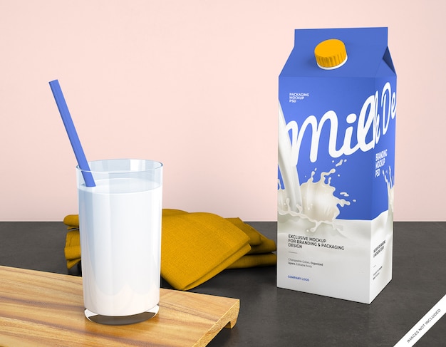 Download Premium PSD | Milk packaging mockup with glass