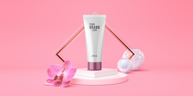Minimal cosmetic template pink studio with podium and orchid flower pastel color 3d render Premium P