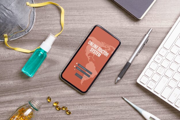 Download Premium PSD | Mobile phone mockup with facemask, alcohol ...