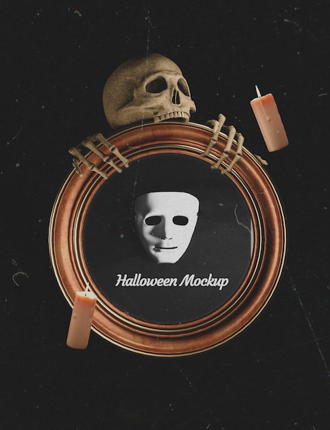Mock-up frame being held by a halloween skeleton Free Psd