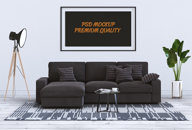 Download Mock Up Poster Frame In Interior Living Room And Sofa 3d Render Psd Template Psd Mockup Exhibition Stand PSD Mockup Templates