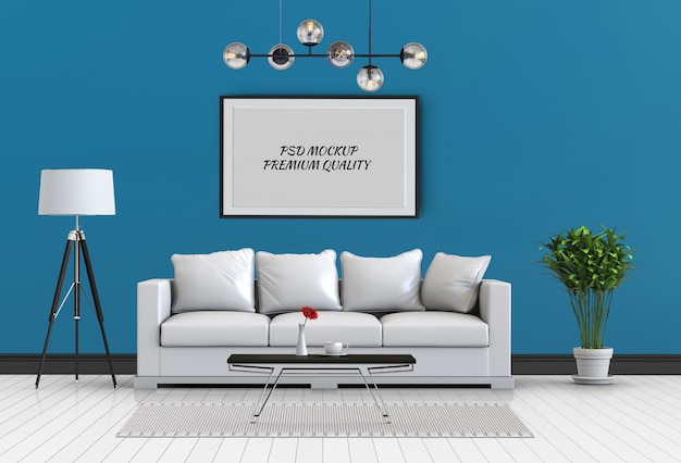 Mock up poster frame in interior living room and sofa, 3d render Premium Psd