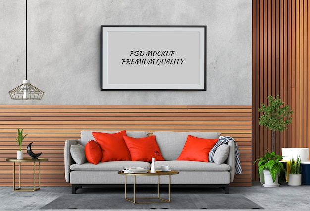 Download Mock up poster frame in interior living room and sofa, 3d render PSD file | Premium Download