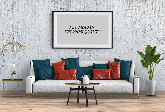 Premium PSD | Mock up poster frame in interior living room and sofa, 3d render