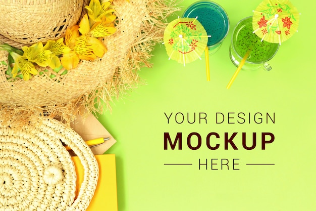 Download Mockup banner with straw hat, bag and cocktails PSD file | Premium Download