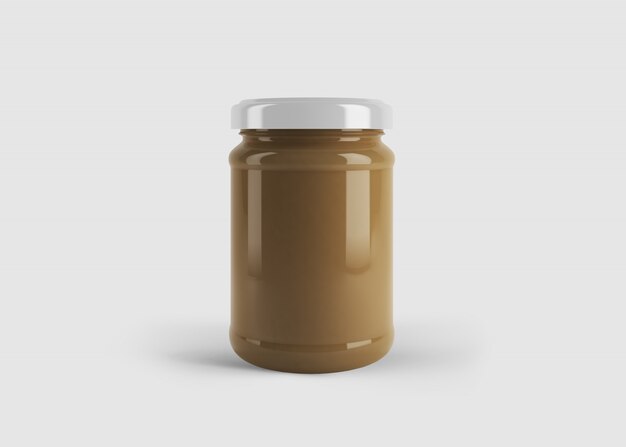 Mockup of brown jam or sauce jar with custom shape label in clean