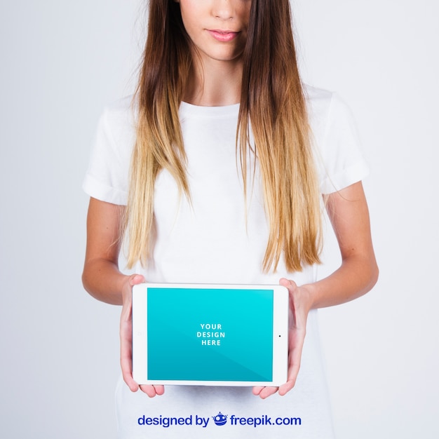 Download Mockup concept of woman showing tablet PSD file | Free ... PSD Mockup Templates