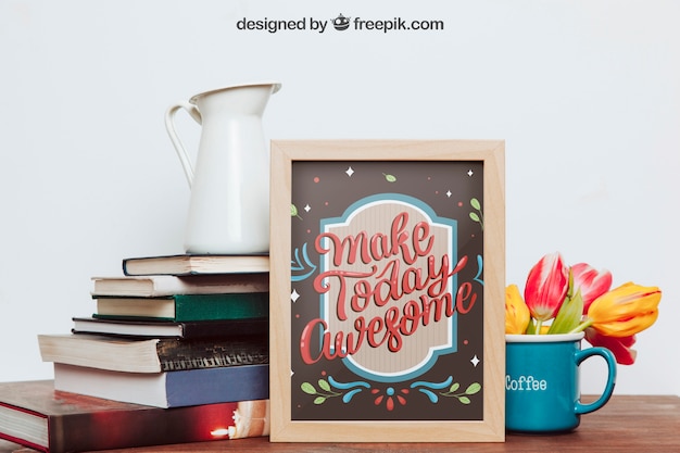 Download Free Psd Mockup Of Frame Books And Mug PSD Mockup Templates